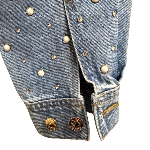 NWT Sandro Embellished Denim Jacket Pearl Crystal Studded Blue Cropped Sz 4 - Picture 8 of 14